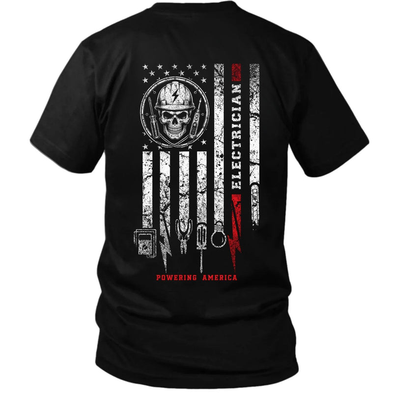 Powering America — Electrician Skull American Flag Back Print Tee