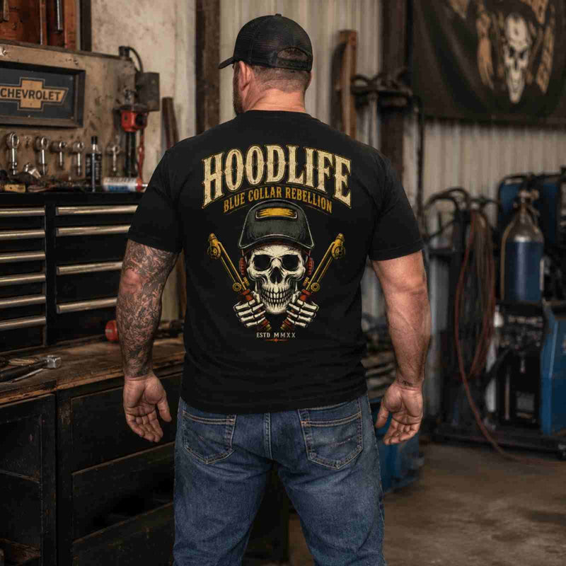 HOODLIFE – Blue Collar Rebellion Skull Welder Back Print T-Shirt