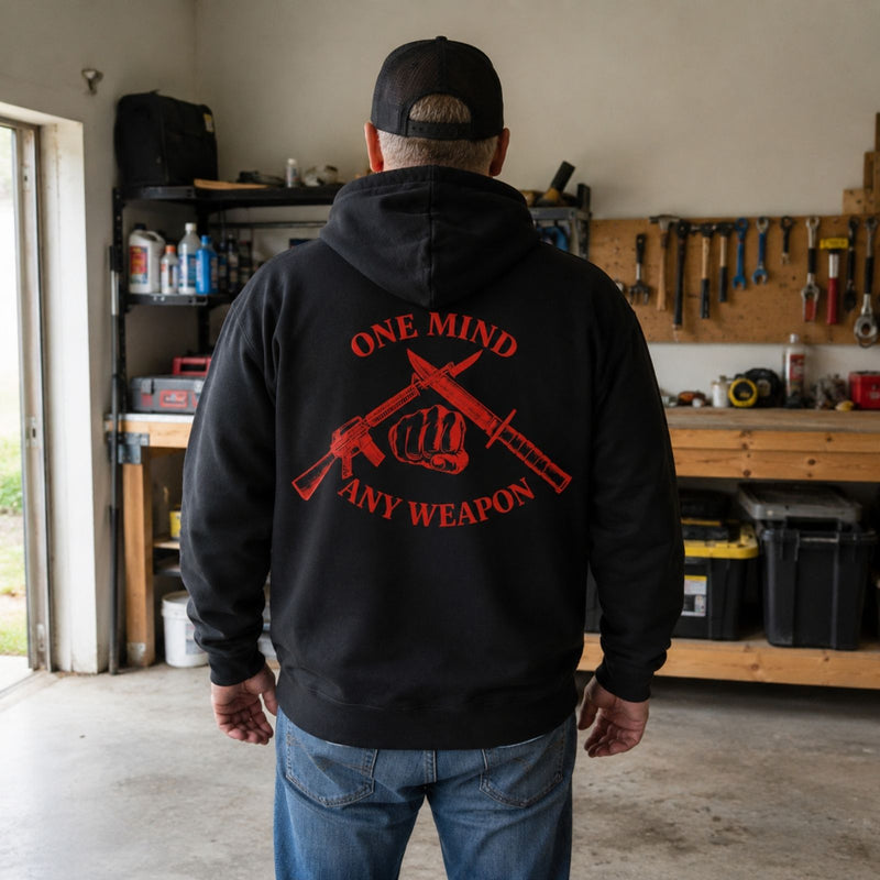 One Mind Any Weapon Hoodie – Marine Mindset Veteran Back Print Pullover