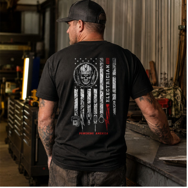 Powering America — Electrician Skull American Flag Back Print Tee