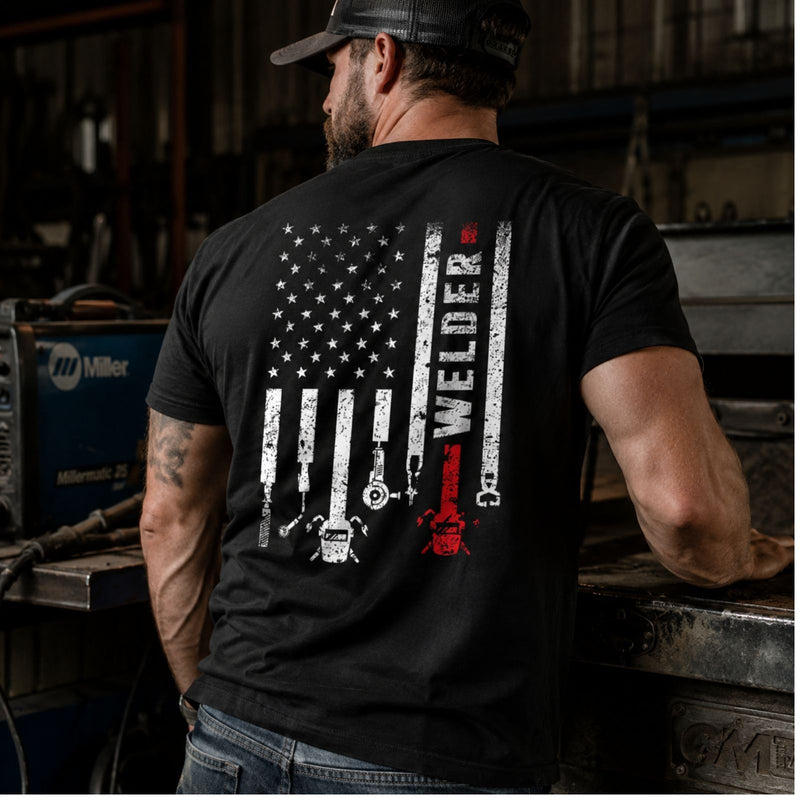 American Welder — Patriotic Welding Flag Back Print Tee