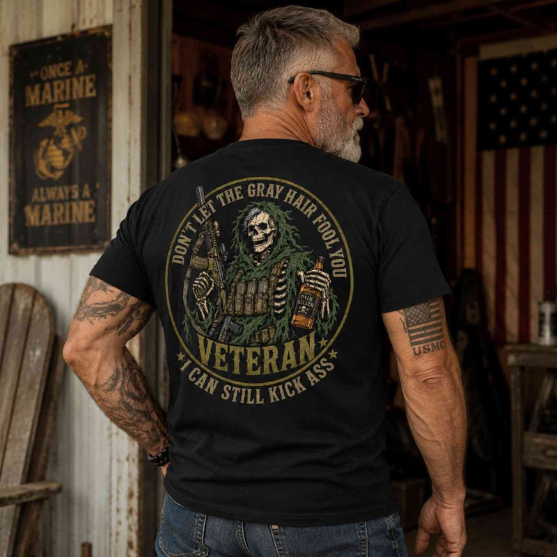 Gray Hair Veteran Skull T-Shirt – I Can Still Kick Ass