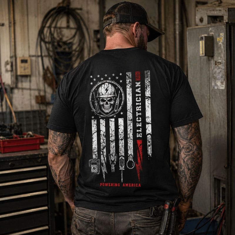 Powering America — Electrician Skull American Flag Back Print Tee