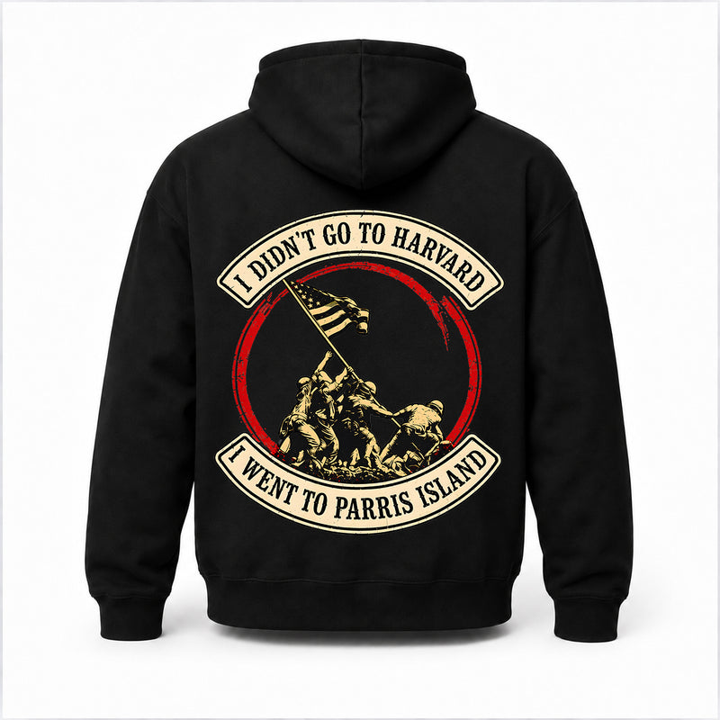 Back view of a black Parris Island veteran hoodie with vintage flag-raising back print on a white background