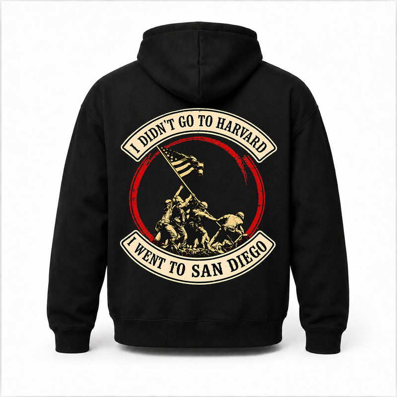 Back view of a black San Diego veteran hoodie with vintage flag-raising back print