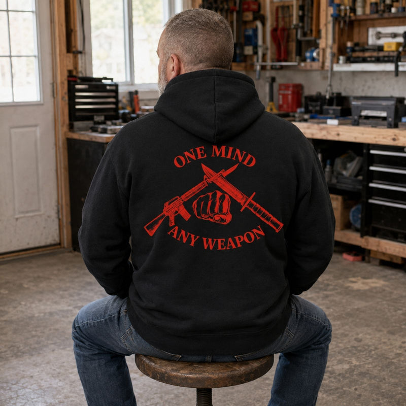 One Mind Any Weapon Hoodie – Marine Mindset Veteran Back Print Pullover