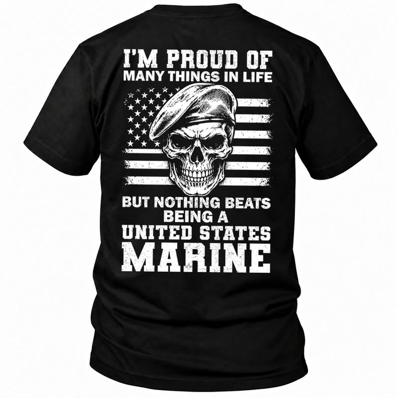 Back view of a black Being A Marine custom year veteran T-shirt with Beret skull on distressed American flag