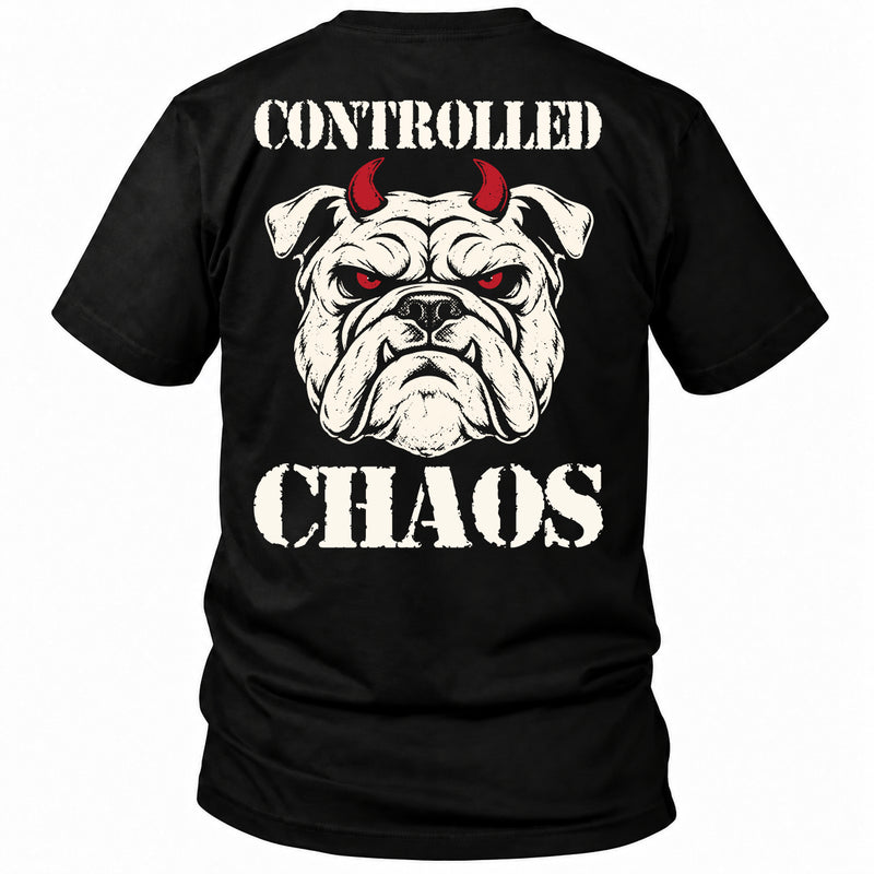 Back view of a black CONTROLLED CHAOS veteran T-shirt with horned bulldog with Controlled Chaos back print