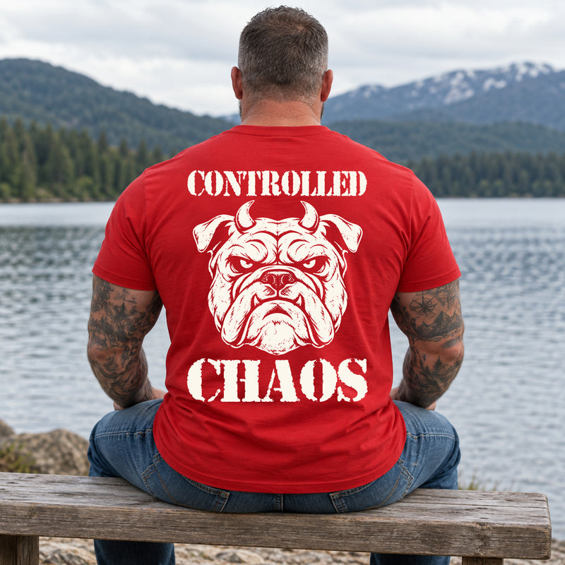 Man wearing a red CONTROLLED CHAOS veteran T-shirt, back print view, lakeside bench below snowy mountains
