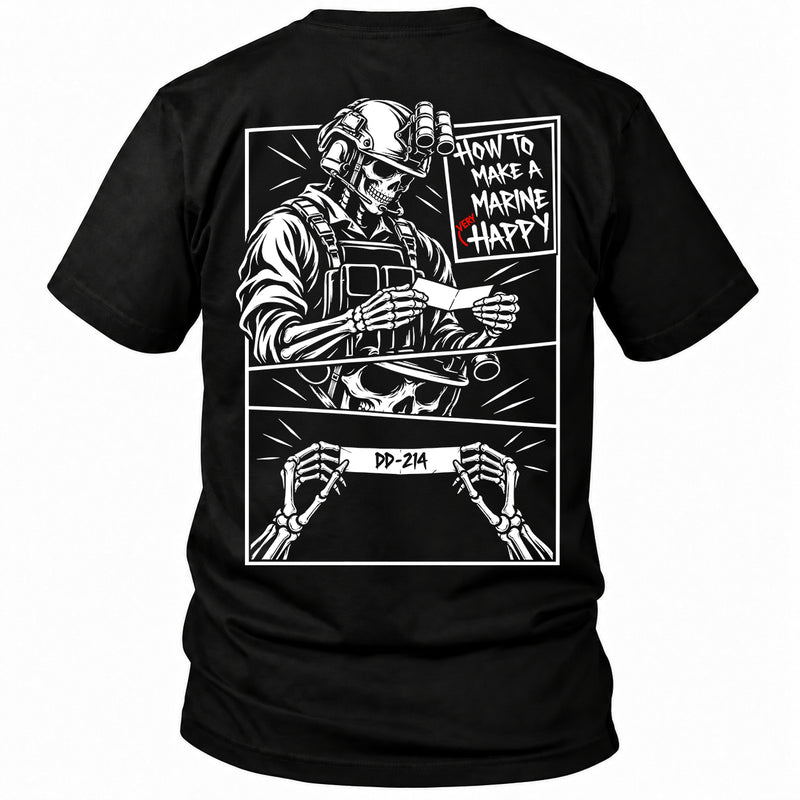Back view of a black How to make a marine happy marine veteran T-shirt with skeleton comic panels with DD-214 back print