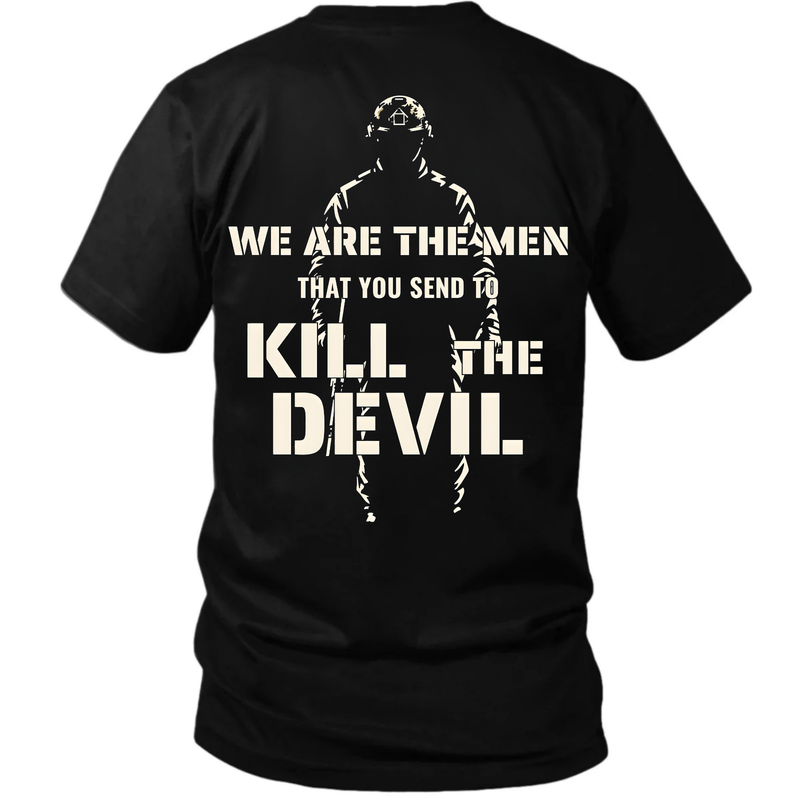 Back view of a black Kill The Devil custom year veteran T-shirt with Stenciled Kill The Devil text over soldier silhouette