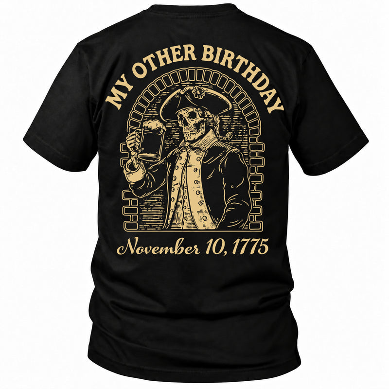 Back view of a black My Other Birthday custom year veteran T-shirt with colonial skeleton raising a beer in brick arch
