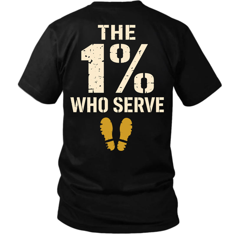 Back view of a black The 1% veteran T-shirt with 1% Who Serve stencil, boot prints back print