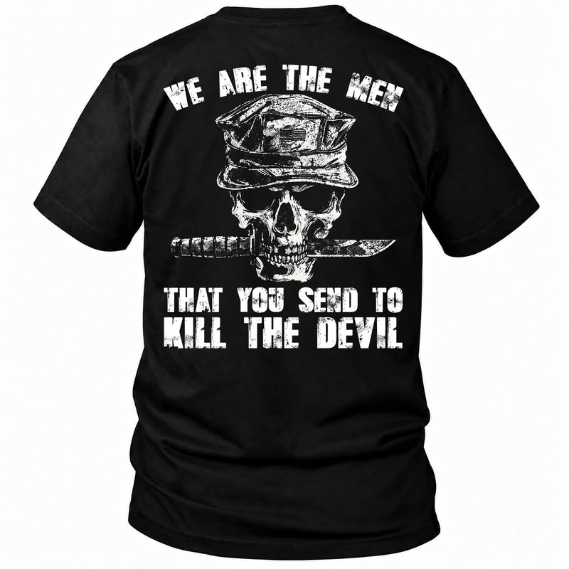 Back view of a black We are the men veteran T-shirt with skull with knife and slogan back print