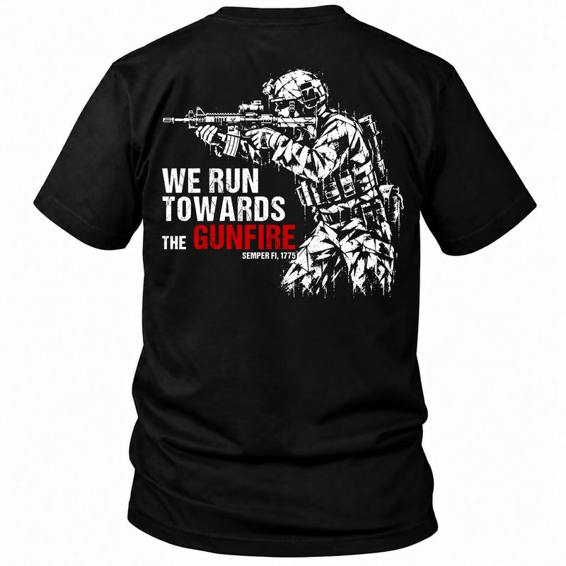 Back view of a black We Run Towards the Gunfire custom year veteran T-shirt