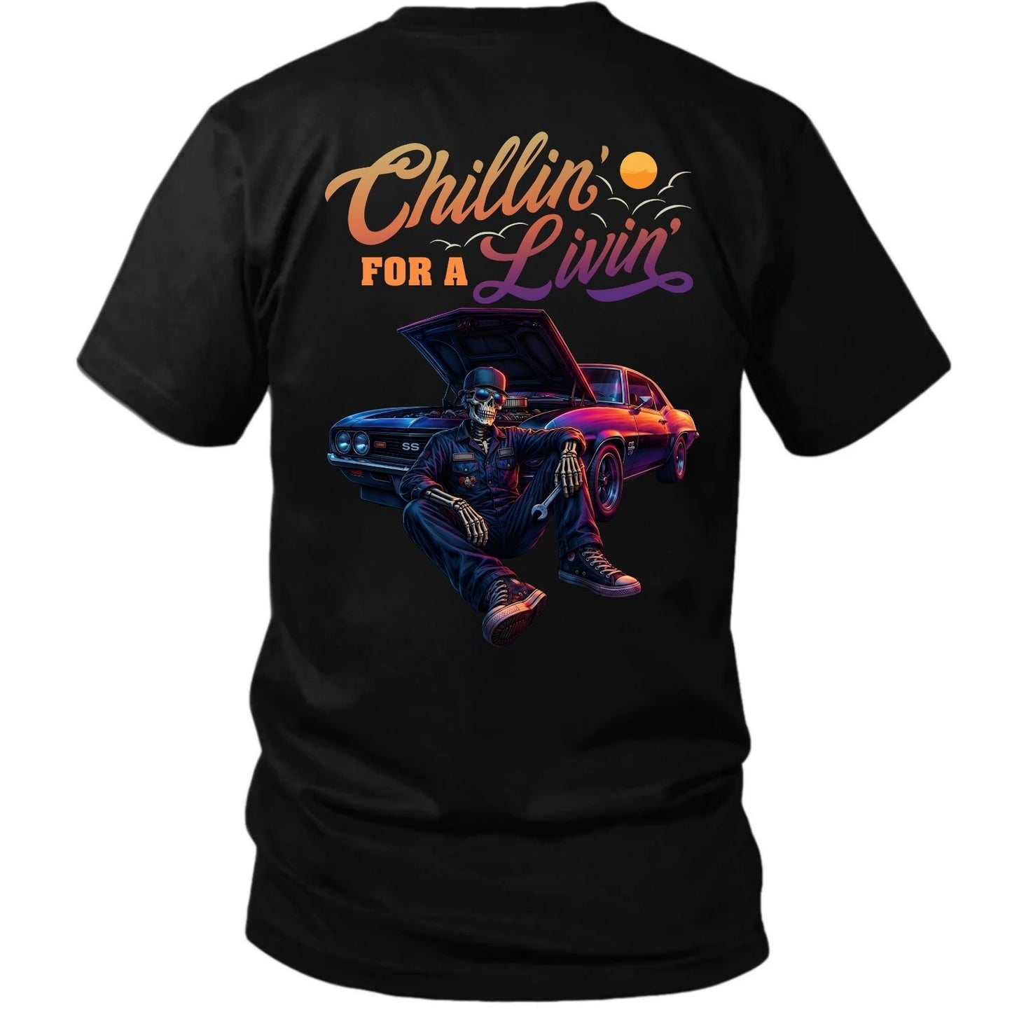 Chillin’ For A Livin’ T-Shirt – Classic Muscle Car Skeleton Garage Tee