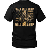 Walk With a Limp, Weld Like a Pimp — Welder Skull American Flag Tee