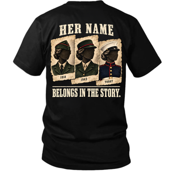 Iron Barracks Her Name Belongs in the Story t-shirt flat back print on black tee