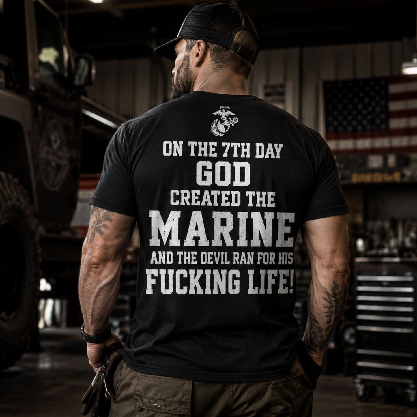 On The 7th Day God Created The Marine – USMC Back Print T-Shirt