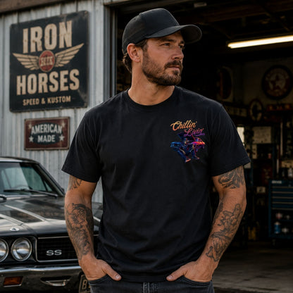Chillin’ For A Livin’ T-Shirt – Classic Muscle Car Skeleton Garage Tee