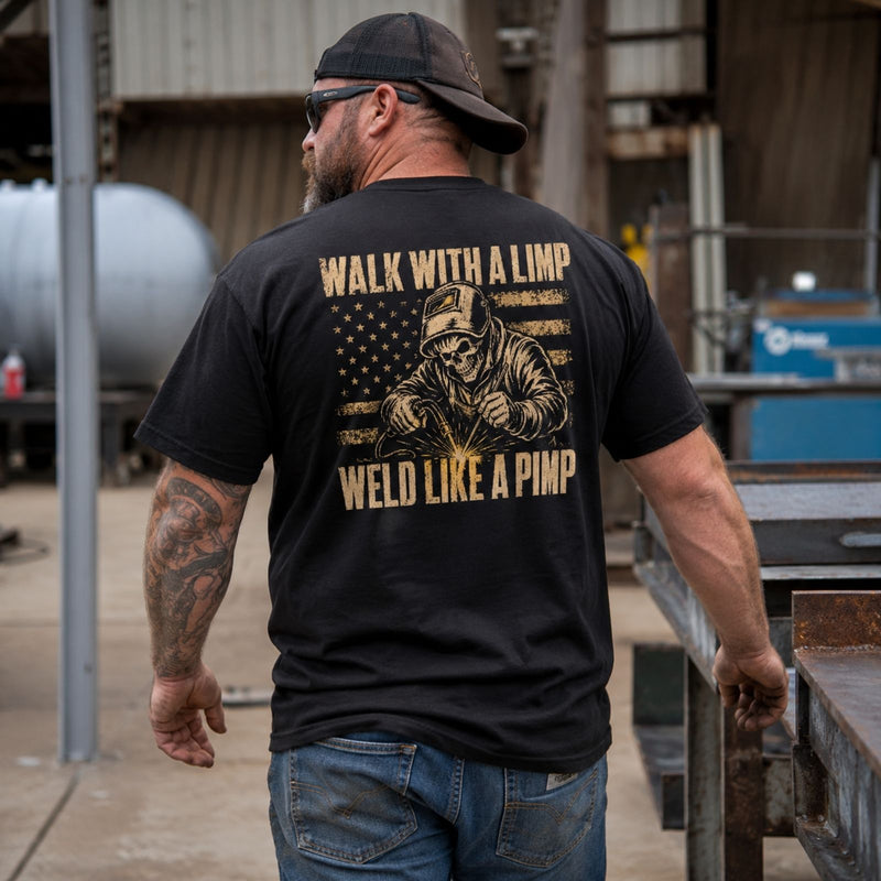 Walk With a Limp, Weld Like a Pimp — Welder Skull American Flag Tee