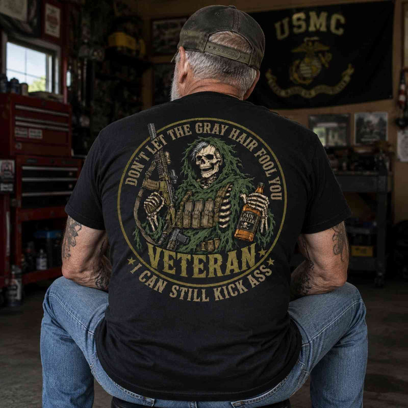 Gray Hair Veteran Skull T-Shirt – I Can Still Kick Ass
