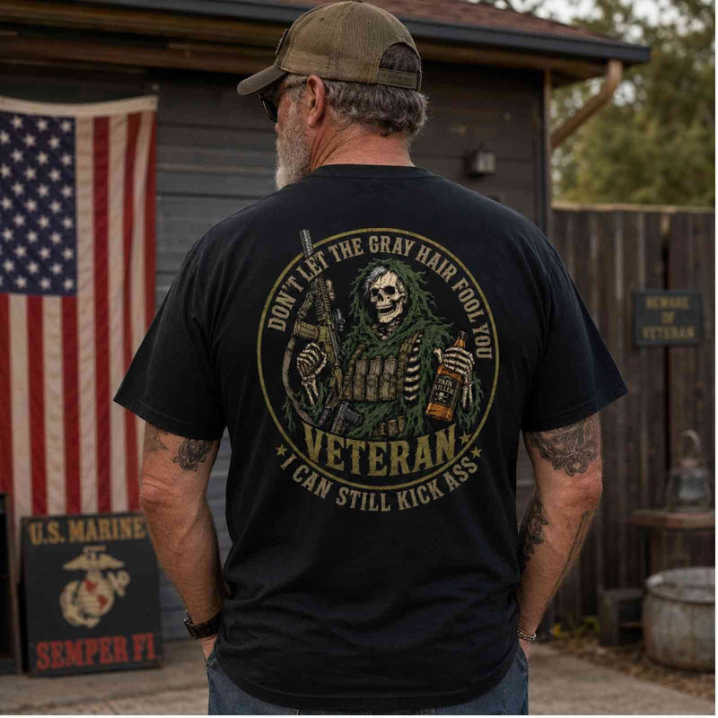 Gray Hair Veteran Skull T-Shirt – I Can Still Kick Ass