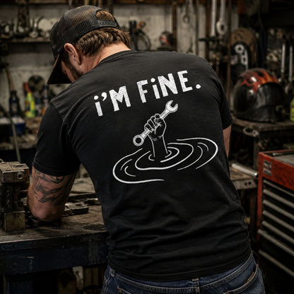 I’m Fine T-Shirt – Funny Blue Collar Wrench Garage Tee
