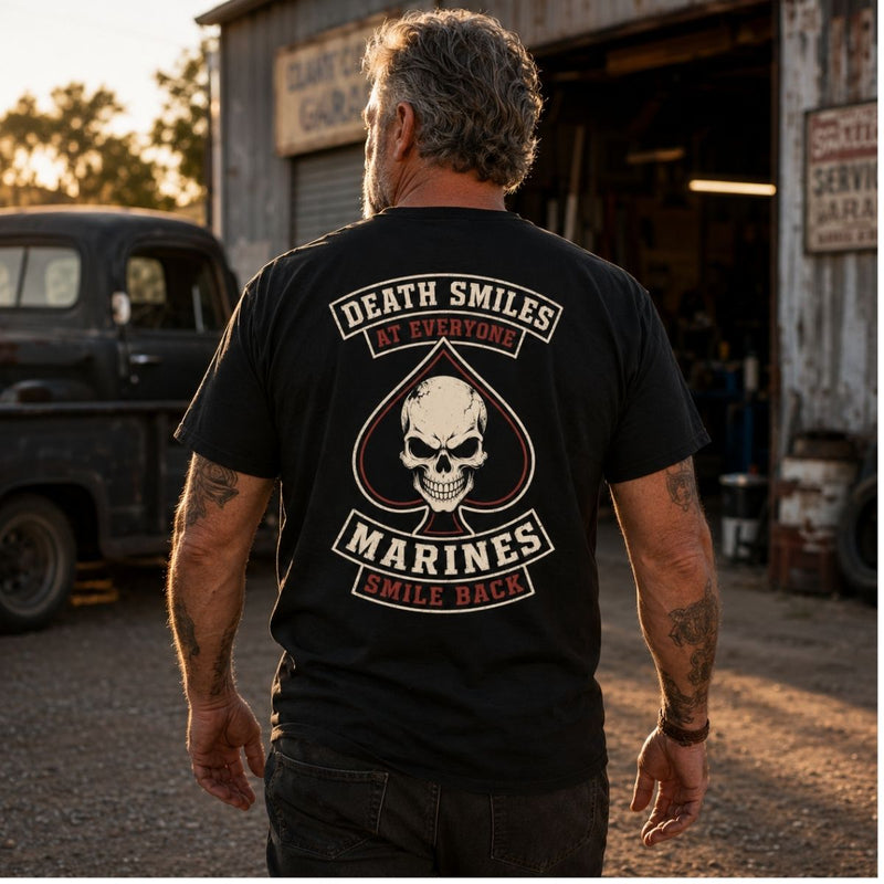 Death Smiles, Marines Smile Back – Skull Ace of Spades Veteran T-Shirt