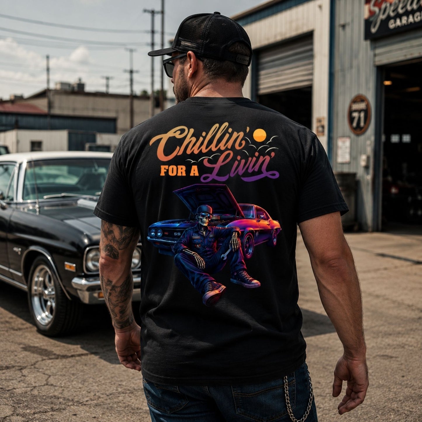 Chillin’ For A Livin’ T-Shirt – Classic Muscle Car Skeleton Garage Tee