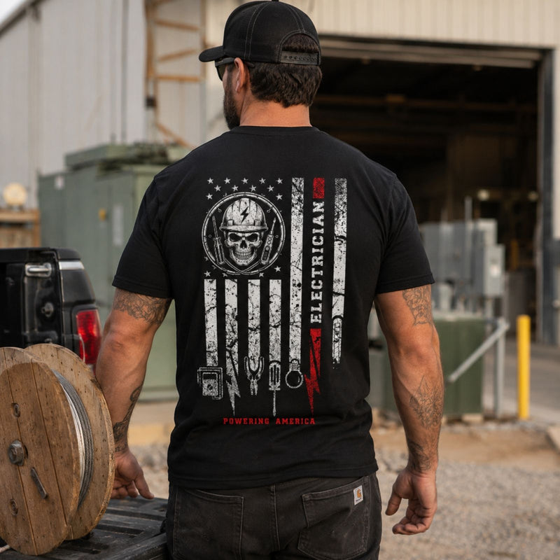 Powering America — Electrician Skull American Flag Back Print Tee