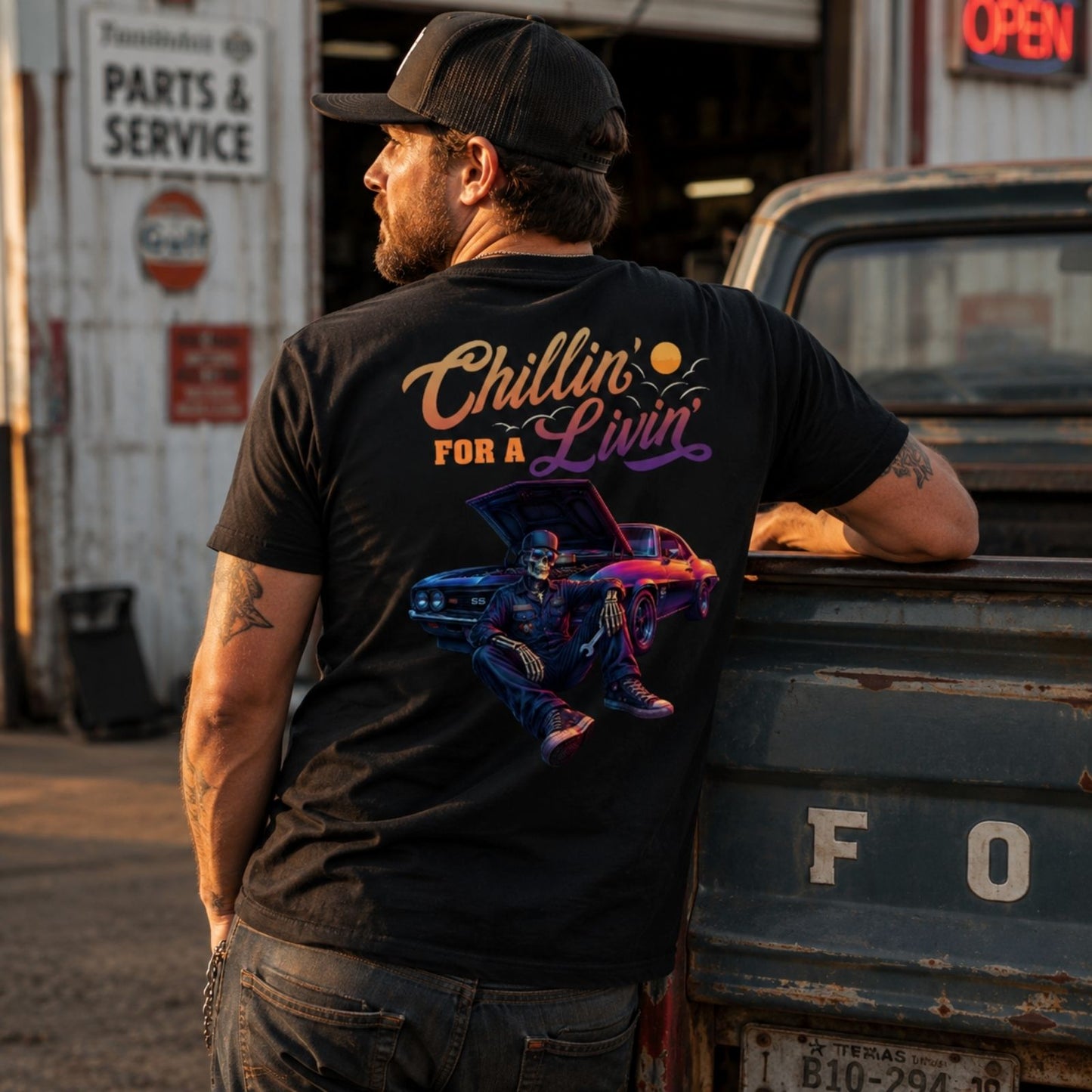 Chillin’ For A Livin’ T-Shirt – Classic Muscle Car Skeleton Garage Tee