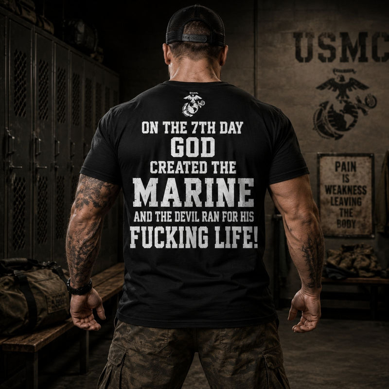 On The 7th Day God Created The Marine – USMC Back Print T-Shirt