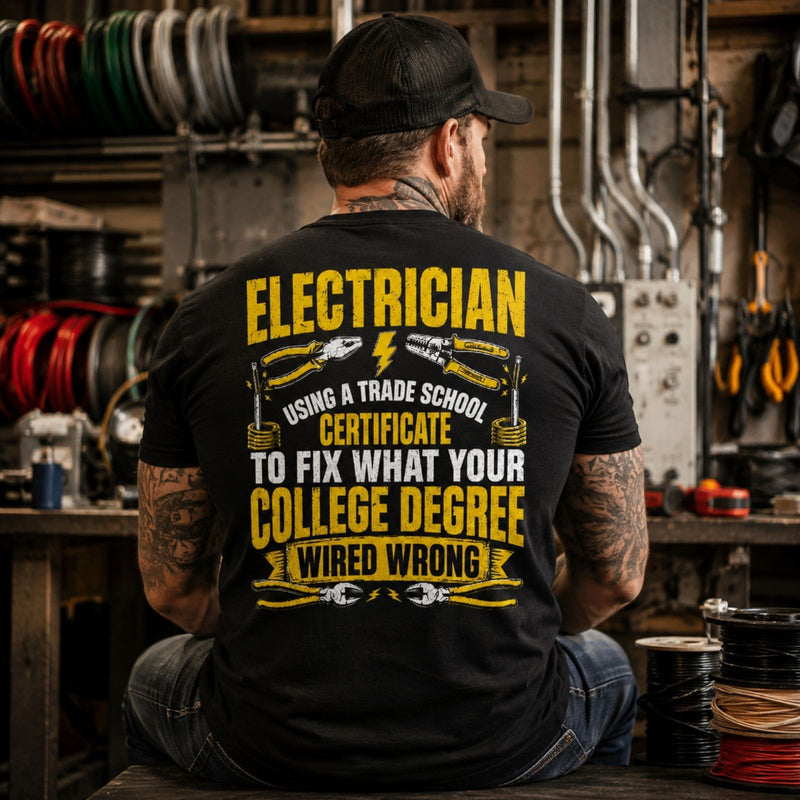 Trade School Electrician Tee – Fixing What Your College Degree Wired Wrong