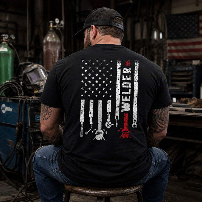 American Welder — Patriotic Welding Flag Back Print Tee