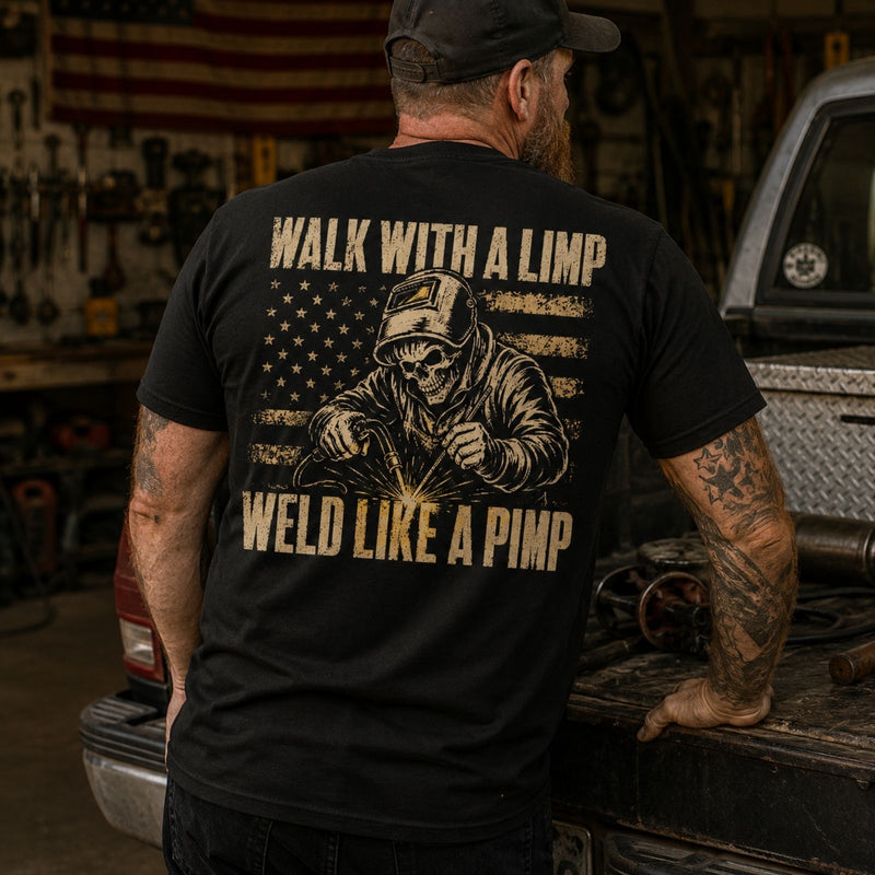 Walk With a Limp, Weld Like a Pimp — Welder Skull American Flag Tee