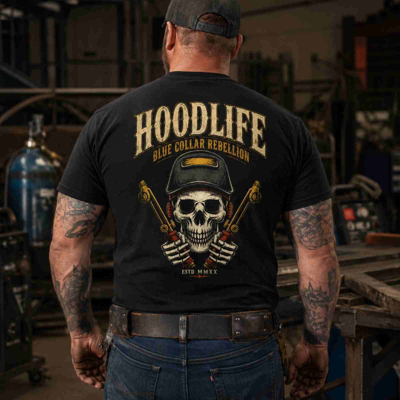 HOODLIFE – Blue Collar Rebellion Skull Welder Back Print T-Shirt