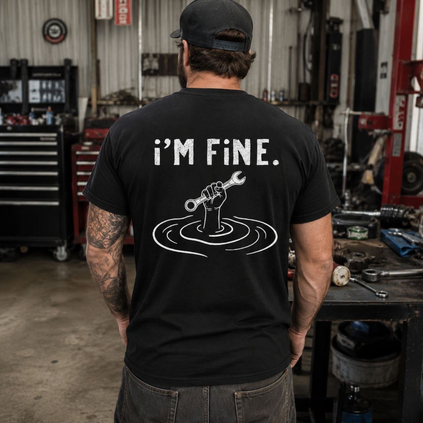 I’m Fine T-Shirt – Funny Blue Collar Wrench Garage Tee