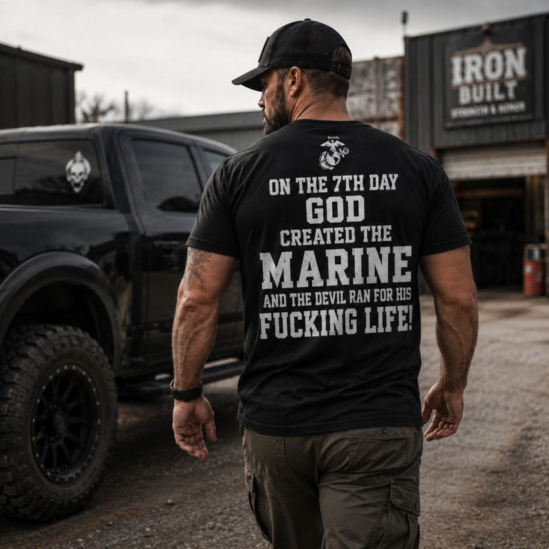 On The 7th Day God Created The Marine – USMC Back Print T-Shirt