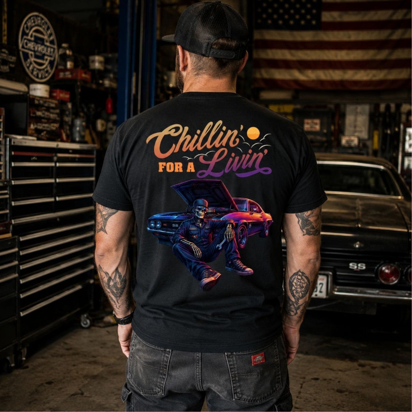 Chillin’ For A Livin’ T-Shirt – Classic Muscle Car Skeleton Garage Tee
