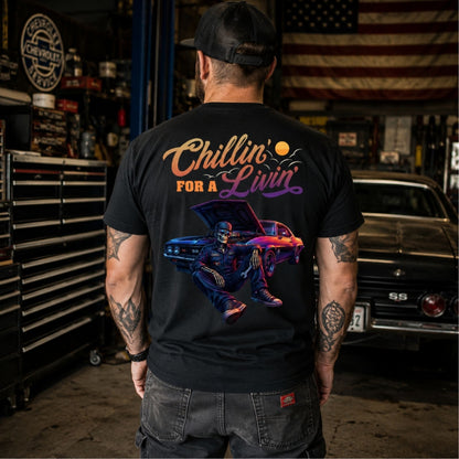 Chillin’ For A Livin’ T-Shirt – Classic Muscle Car Skeleton Garage Tee