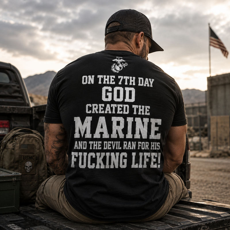 On The 7th Day God Created The Marine – USMC Back Print T-Shirt