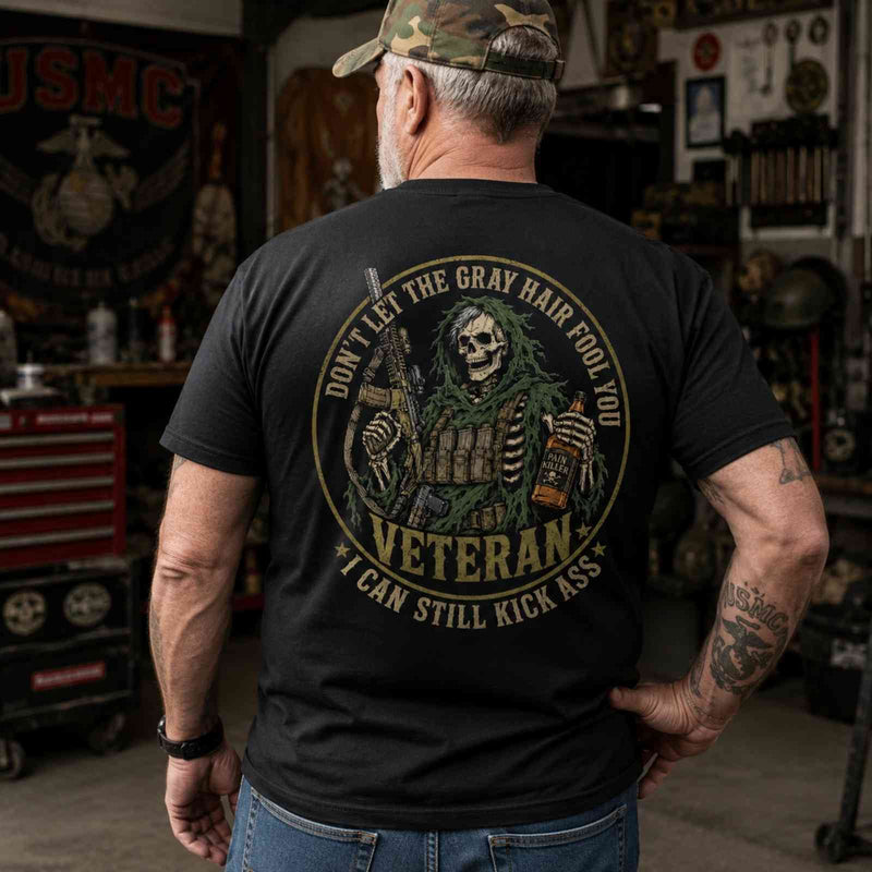 Gray Hair Veteran Skull T-Shirt – I Can Still Kick Ass