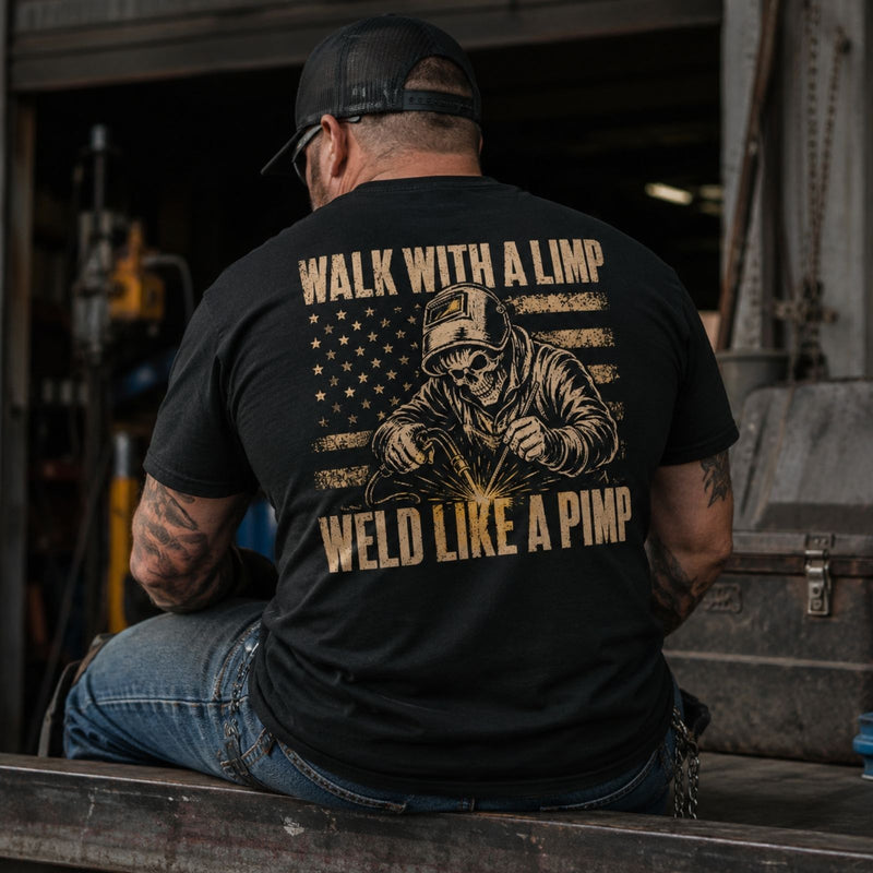 Walk With a Limp, Weld Like a Pimp — Welder Skull American Flag Tee