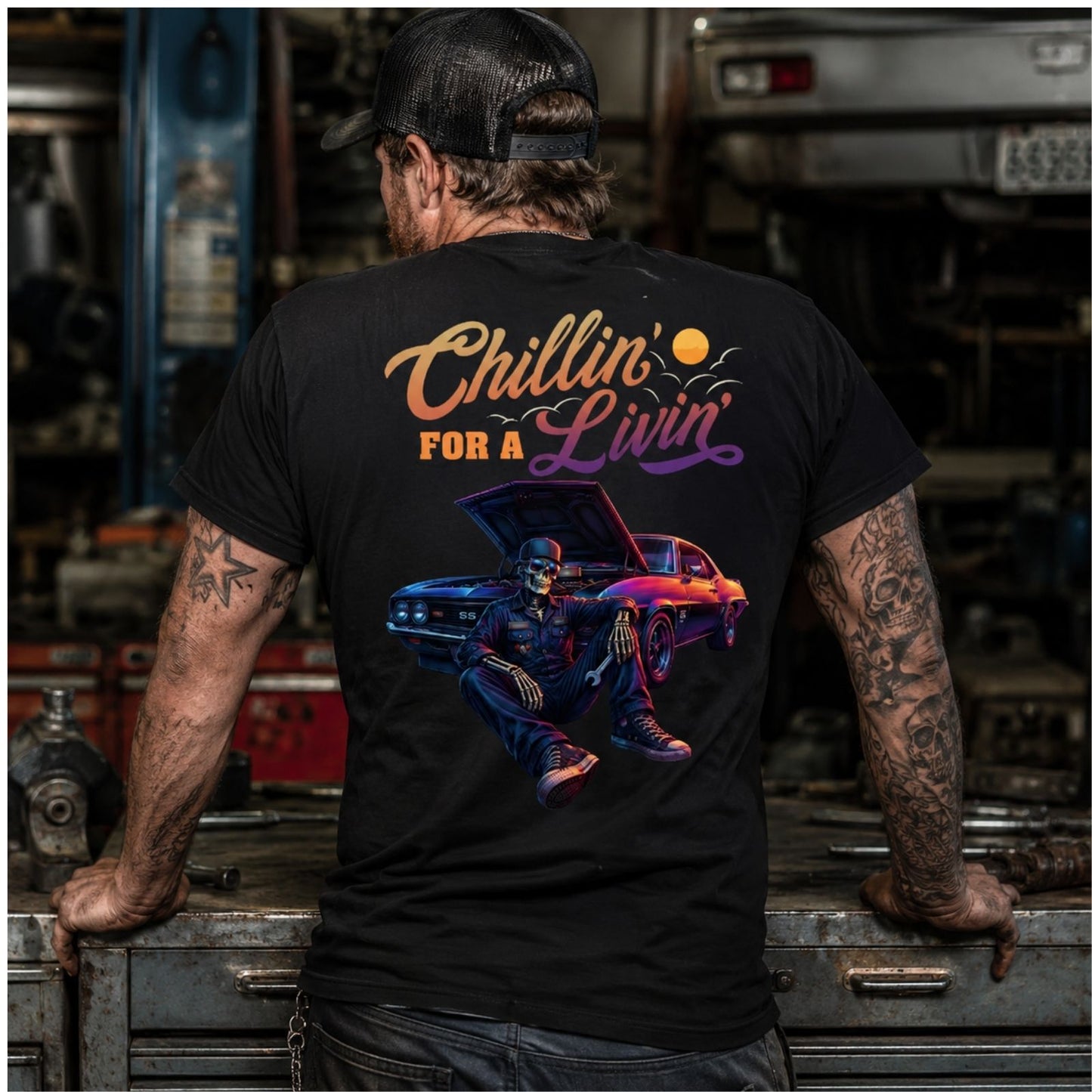 Chillin’ For A Livin’ T-Shirt – Classic Muscle Car Skeleton Garage Tee