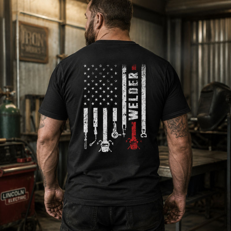 American Welder — Patriotic Welding Flag Back Print Tee