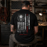 Powering America — Electrician Skull American Flag Back Print Tee