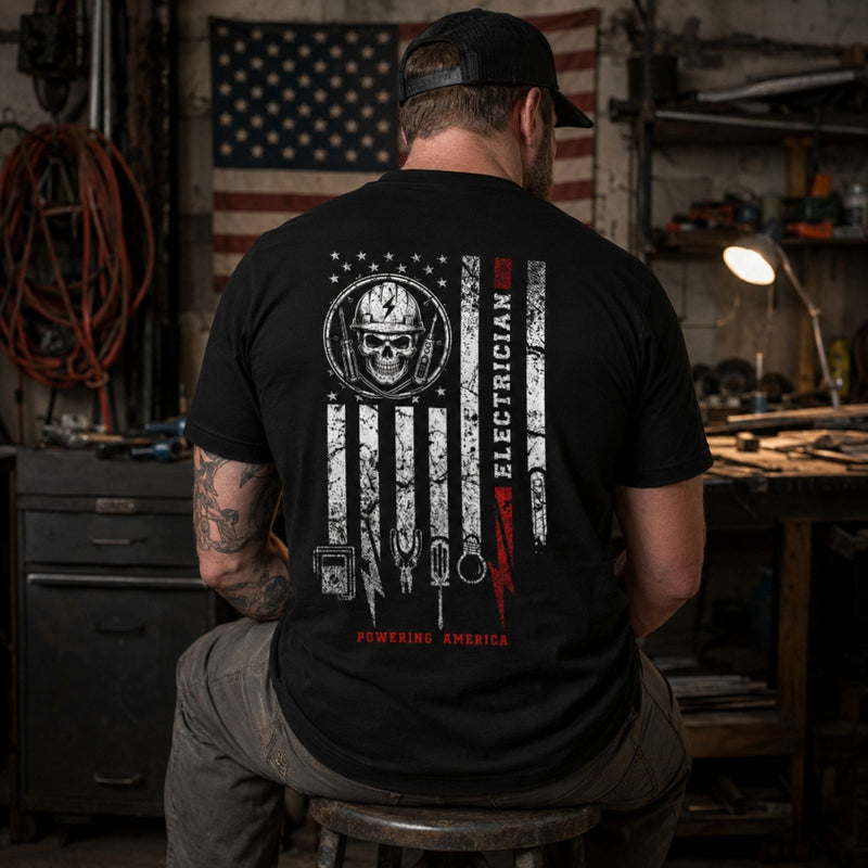 Powering America — Electrician Skull American Flag Back Print Tee