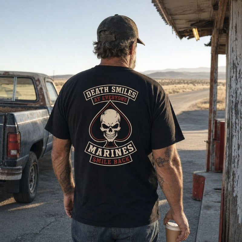 Death Smiles, Marines Smile Back – Skull Ace of Spades Veteran T-Shirt