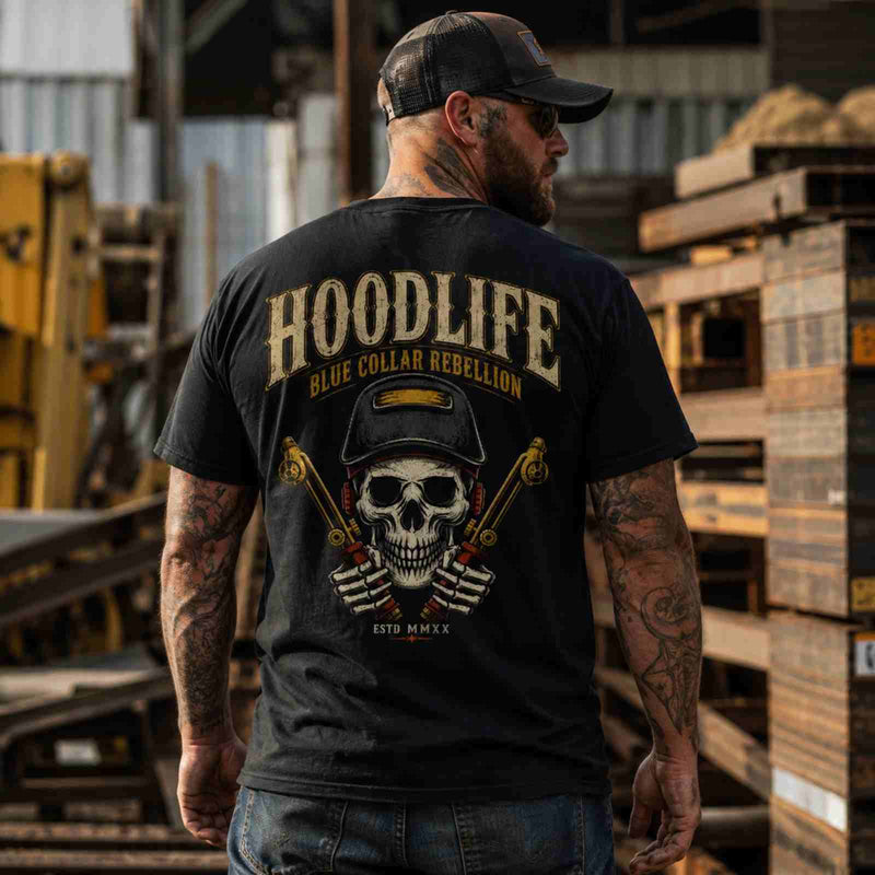 HOODLIFE – Blue Collar Rebellion Skull Welder Back Print T-Shirt